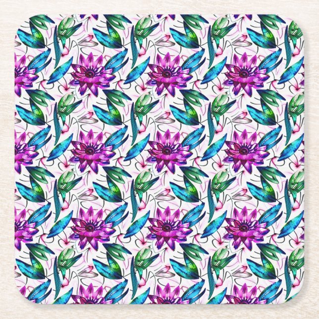 Boho Watercolor Floral Pattern Square Paper Coaster (Front)