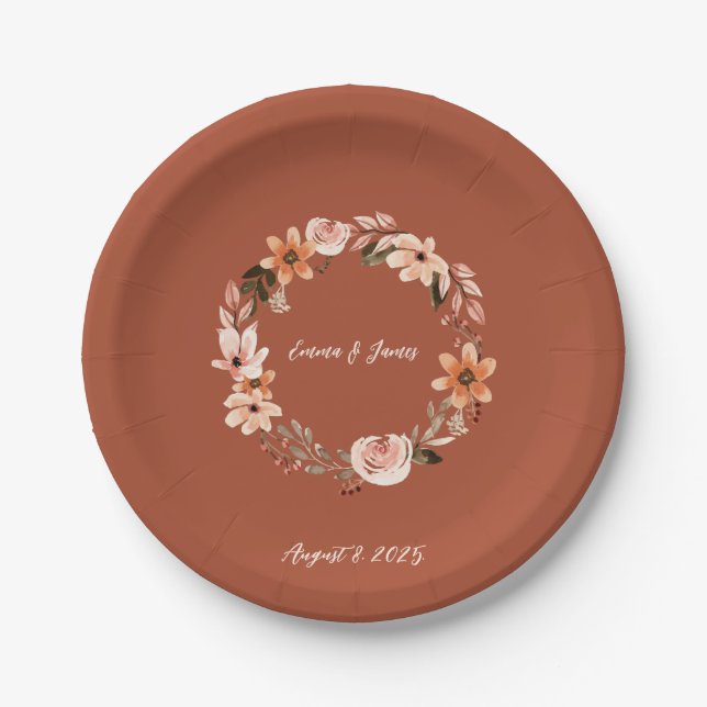 Boho Watercolor Floral Personalized  Paper Plate (Front)