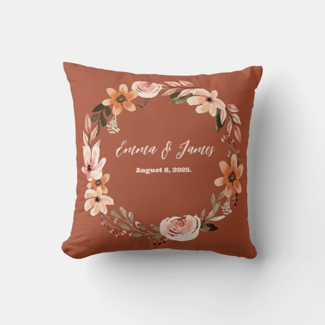 Boho Watercolor Floral Personalized  Throw Pillow (Front)