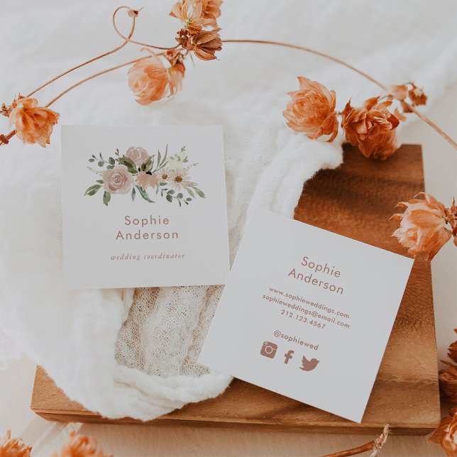 Boho Watercolor Floral | Social Media Icons Square Business Card (Creator Uploaded)