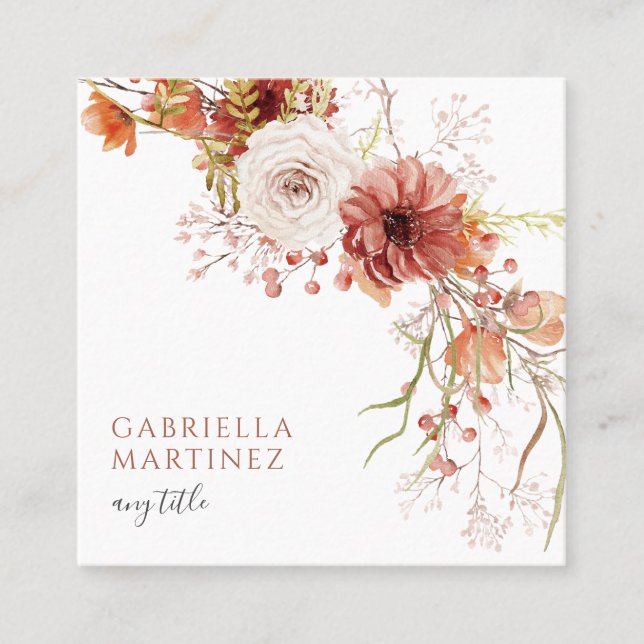 Boho Watercolor Floral  Square Business Card (Front)