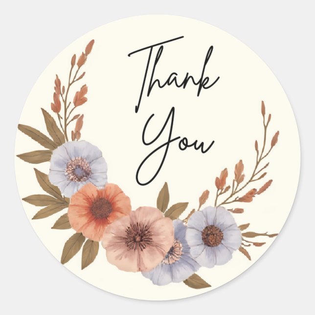 Boho Watercolor Floral Thank You Sticker – Elegant (Front)