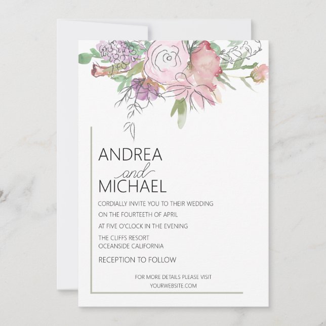 Boho Watercolor Floral Wedding Invitation (Front)