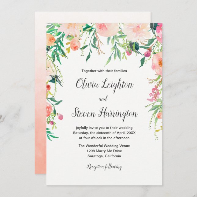 Boho Watercolor Floral Wedding Invitation (Front/Back)