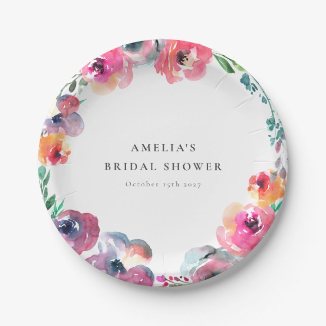 Boho Watercolor Floral Wreath Bridal Shower Paper Plate (Front)