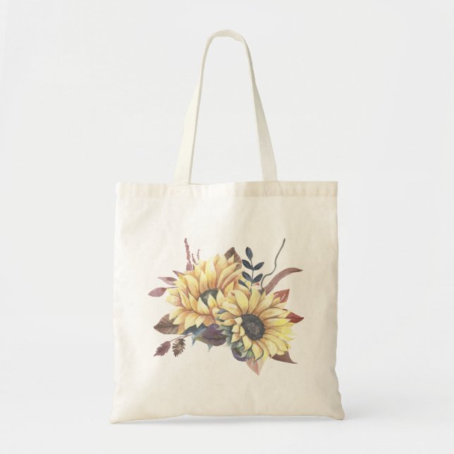 Boho Watercolor Floral Yellow Sunflower Tote Bag (Front)