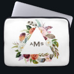 Boho Watercolor Florals Triangle Frame Monogram Laptop Sleeve<br><div class="desc">Boho Watercolor Florals Triangle Frame Monogram Laptop Sleeve. Customizable laptop sleeve featuring watercolor illustration os pink,  white,  orange and burgundy roses and tulips with foliage and feathers accent. Personalize by adding your own monogram. This bohemian laptop sleeve will be perfect as a gift.</div>