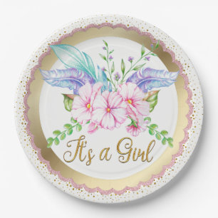 Boho Watercolor Flower Baby Shower Paper Plates