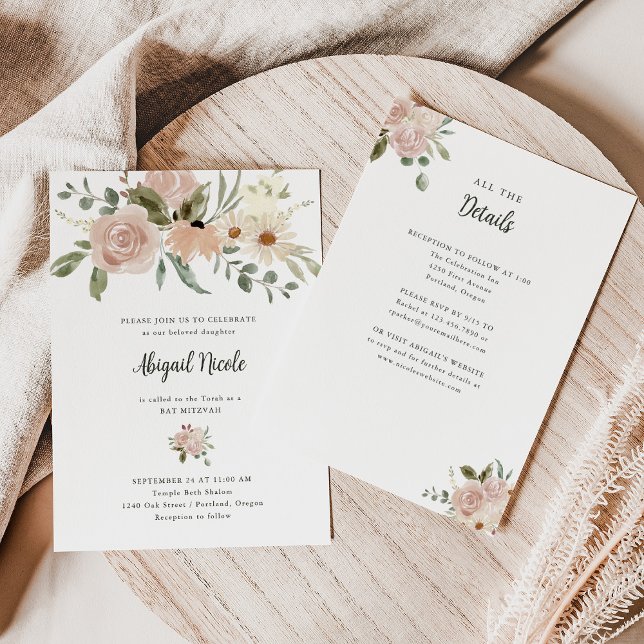 Boho Watercolor Flower Bat Mitzvah with Details Invitation (Creator Uploaded)