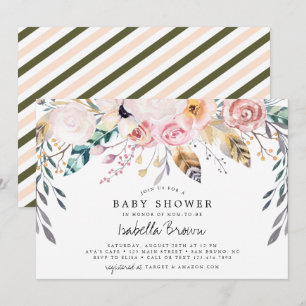 Boho watercolor flowers and feathers baby shower invitation