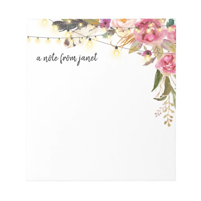Boho Watercolor Flowers and Feathers Personalized Notepad (Front)