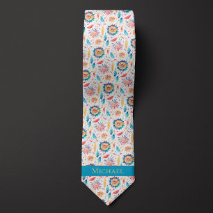Boho Watercolor Flowers and Feathers Tie