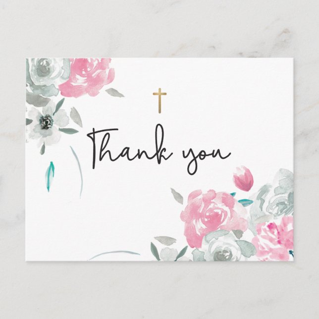Boho Watercolor Flowers Baby Baptism Thank you Postcard (Front)