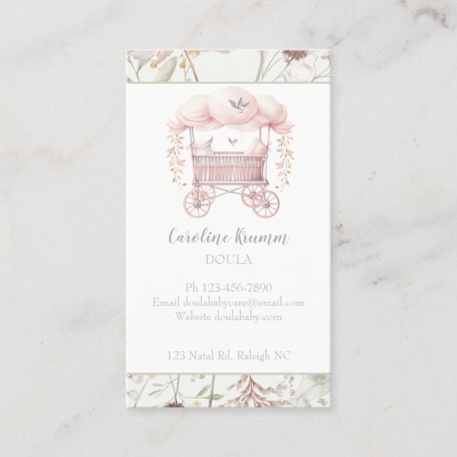 Boho Watercolor Flowers Baby Doula Midwife Business Card (Front)