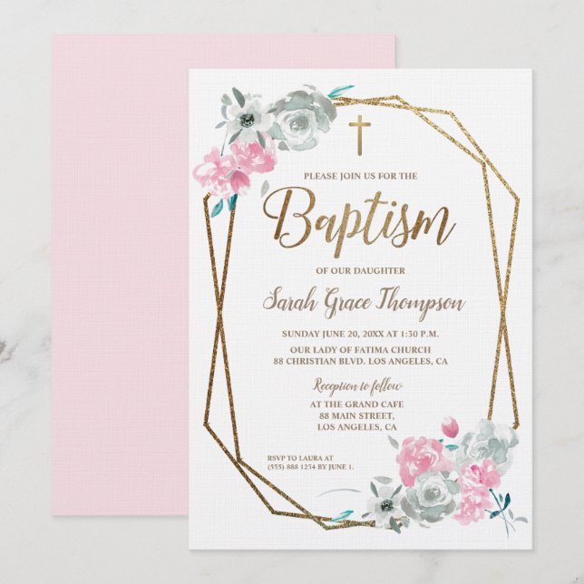 Boho Watercolor flowers baby pink Baptism Invitation (Front/Back)
