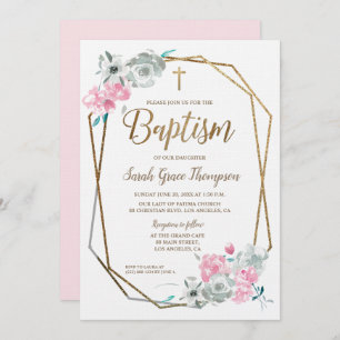 Boho Watercolor flowers baby pink Baptism Invitation