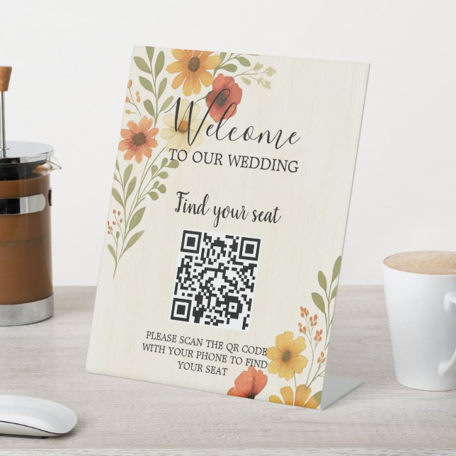 Boho watercolor flowers botanical wedding  pedestal sign (In SItu)