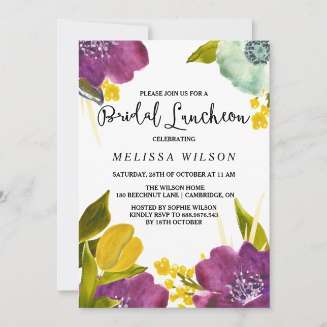 Boho Watercolor Flowers Bridal Luncheon Invitation (Front)