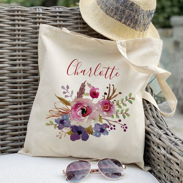 Boho watercolor flowers Bridesmaid Personalized Tote Bag (Creator Uploaded)
