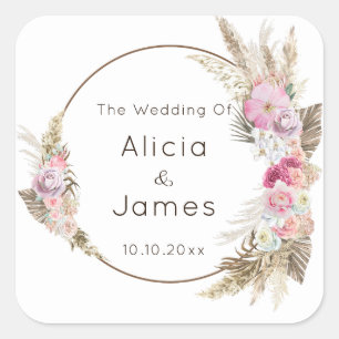 Boho Watercolor Flowers & Feathers Square Sticker