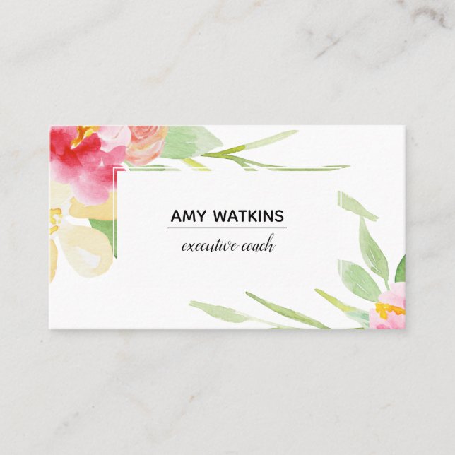 Boho Watercolor Flowers White on White Business Card (Front)