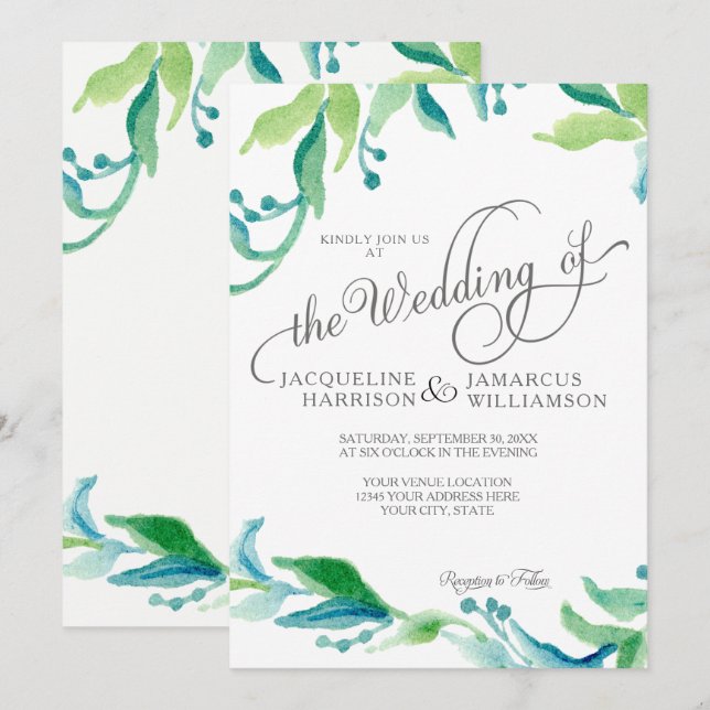 BOHO Watercolor Foliage Greenery Elegant Script Invitation (Front/Back)