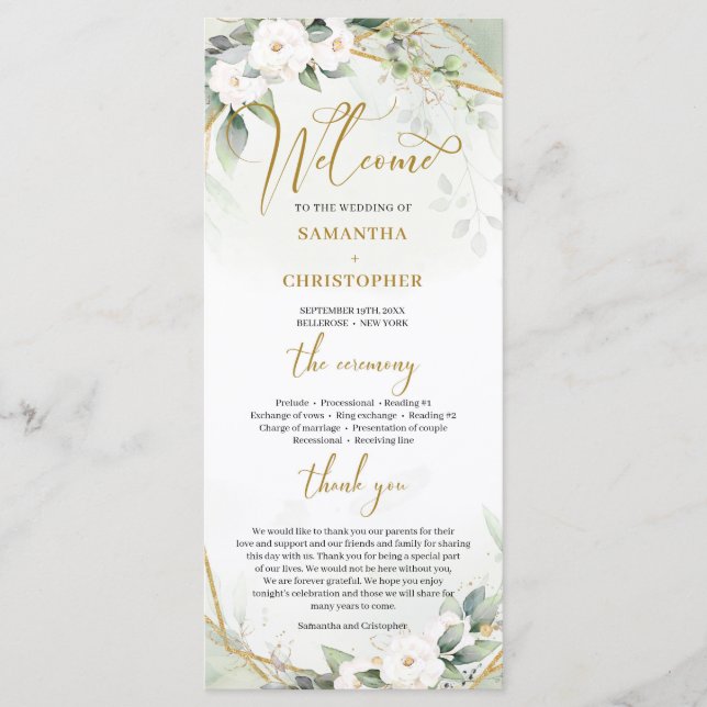 Boho watercolor gold frame greenery and white rose program (Front)