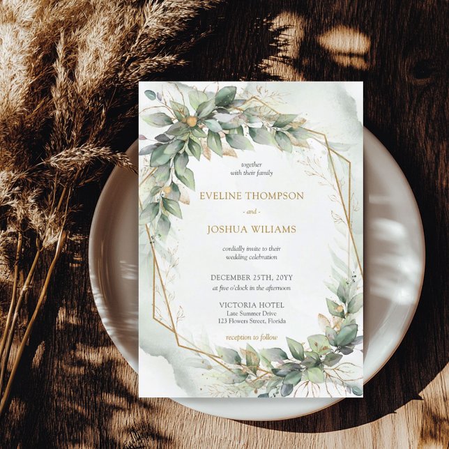 Boho Watercolor green eucalyptus and gold wedding Invitation (Boho Watercolor green eucalyptus and gold wedding)