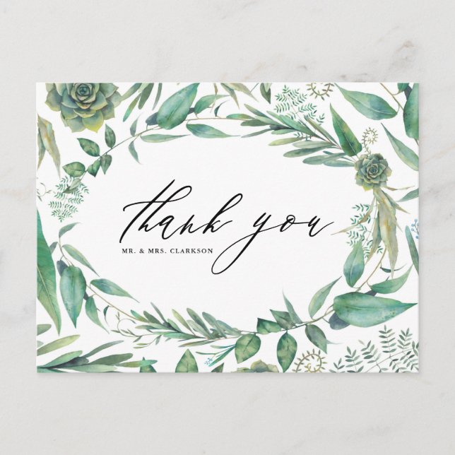 Boho Watercolor Greenery and Succulents Thank You Postcard (Front)