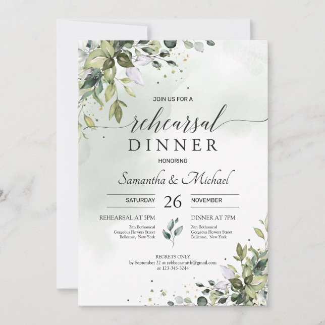 Boho watercolor greenery foliage boho rehearsal invitation (Front)