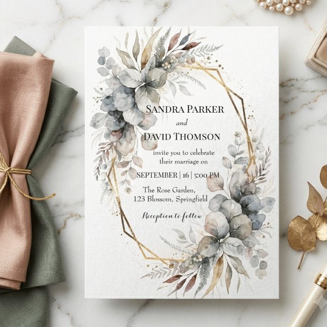 Boho Watercolor Greenery Gold Geometric Wedding Invitation (Creator Uploaded)