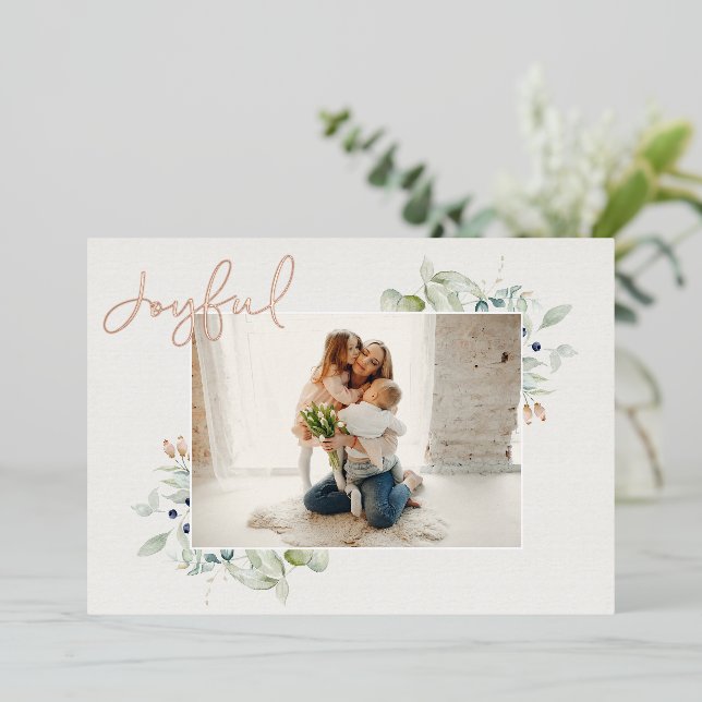 Boho Watercolor Greenery Joyful Foil Holiday Card (Standing Front)
