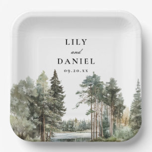 Boho Watercolor Lake Forest Woodland Wedding Paper Plate