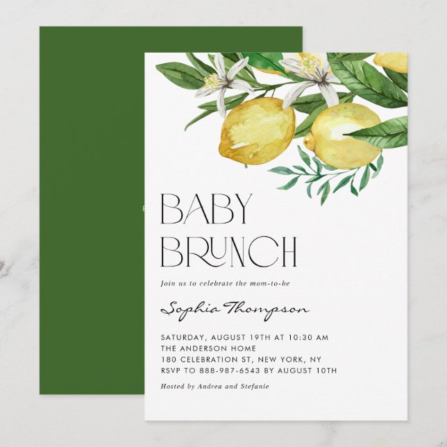 Boho Watercolor Lemon and Blooms Baby Brunch Invitation (Front/Back)