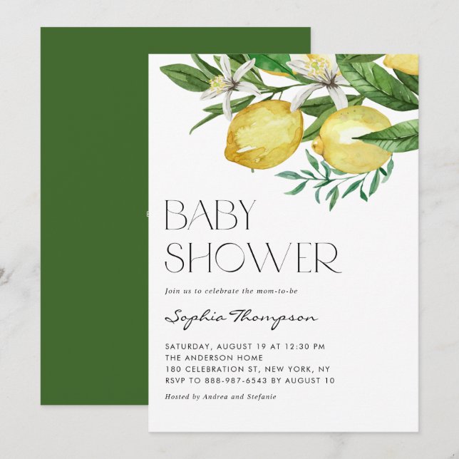 Boho Watercolor Lemon and Blooms Baby Shower Invitation (Front/Back)