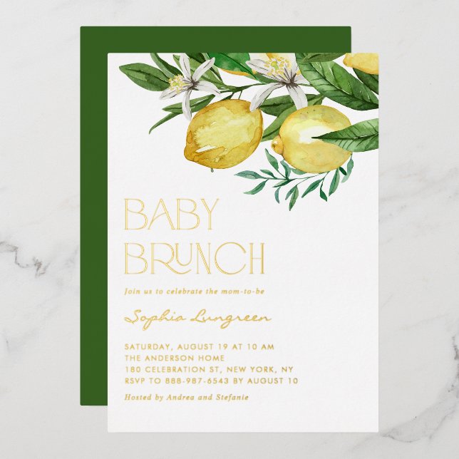 Boho Watercolor Lemon Floral Baby Shower Brunch (Front/Back)