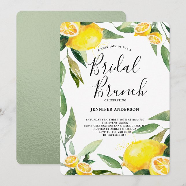 Boho Watercolor Lemon Wreath Bridal Brunch Invitation (Front/Back)