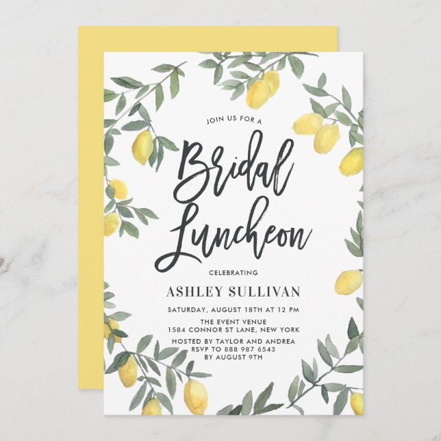 Boho Watercolor Lemon Wreath Bridal Luncheon Invitation (Front/Back)
