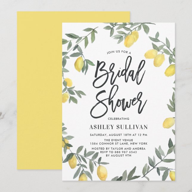 Boho Watercolor Lemon Wreath Bridal Shower Invitation (Front/Back)