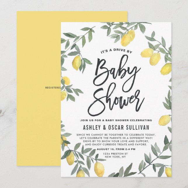 Boho Watercolor Lemon Wreath Drive By Baby Shower Invitation (Front/Back)