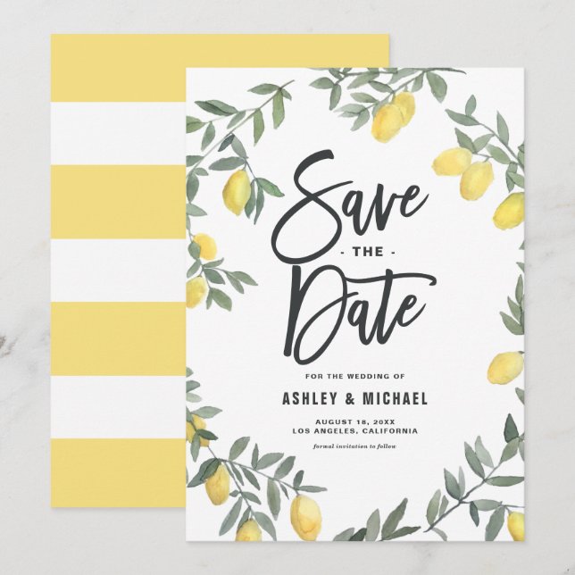 Boho Watercolor Lemon Wreath Save The Date (Front/Back)