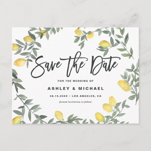 Boho Watercolor Lemon Wreath Summer Save the Date Postcard (Front)