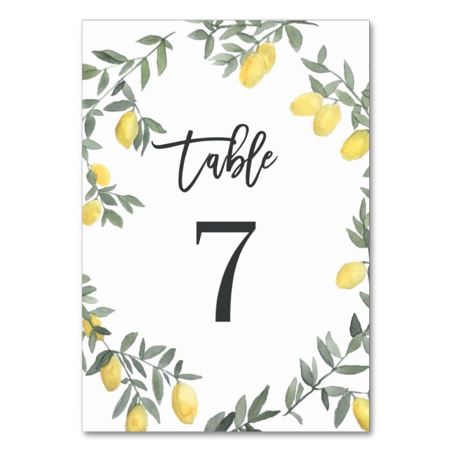 Boho Watercolor Lemon Wreath Table 7 Table Number (Front)