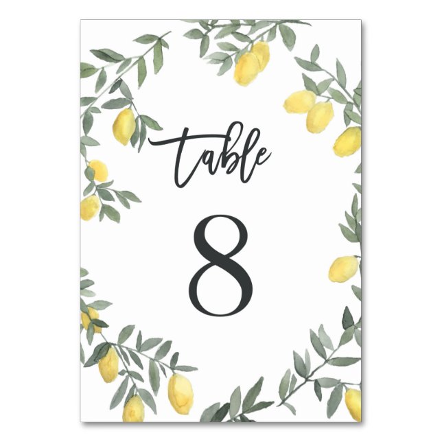 Boho Watercolor Lemon Wreath Table 8 Table Number (Front)