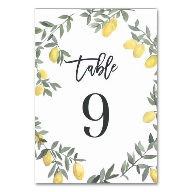 Boho Watercolor Lemon Wreath Table 9 Table Number (Front)