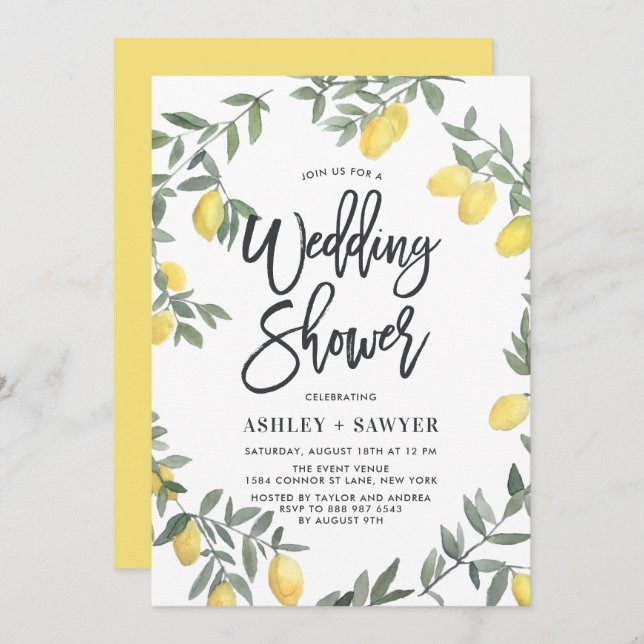 Boho Watercolor Lemon Wreath Wedding Shower Invitation (Front/Back)