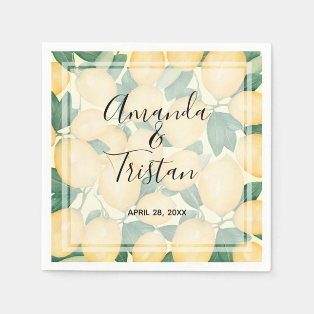 Boho Watercolor Lemons Greenery Napkin (Front)
