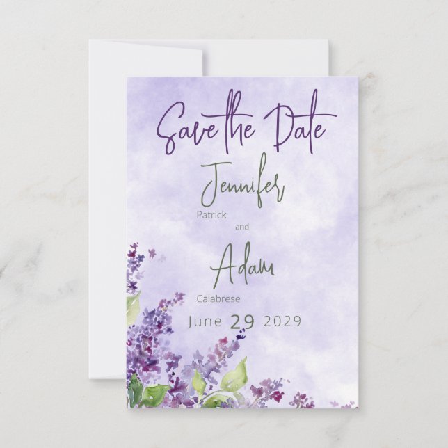 Boho Watercolor Lilac Flowers Wedding Save The Date (Front)