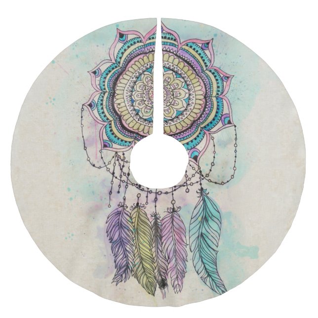 Boho Watercolor Mandala Dreamcatcher Brushed Polyester Tree Skirt (Front)