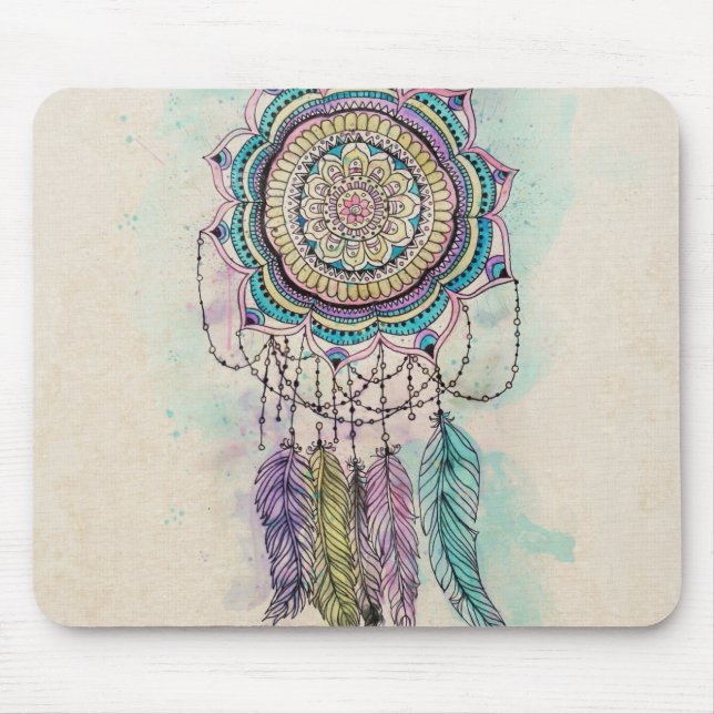 Boho Watercolor Mandala Dreamcatcher Mouse Pad (Front)